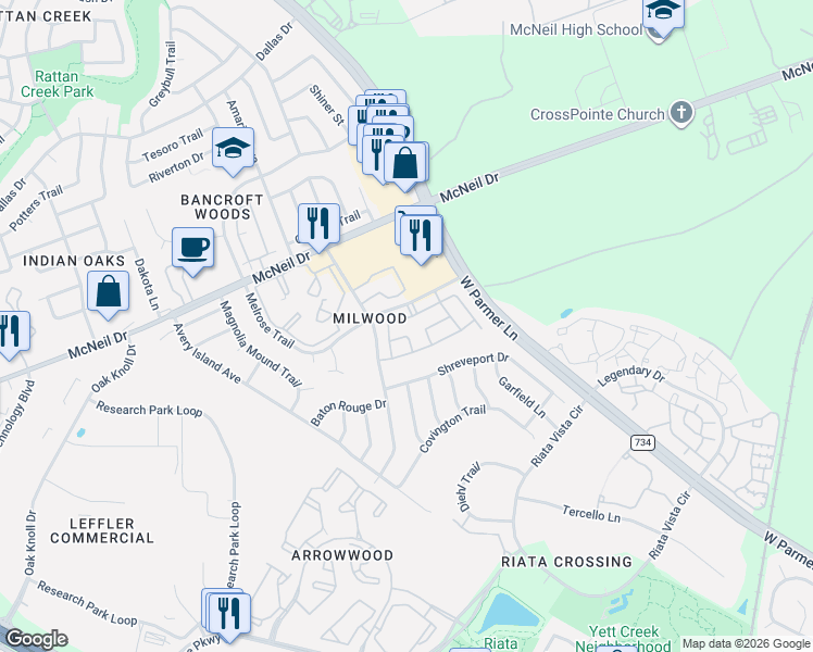 map of restaurants, bars, coffee shops, grocery stores, and more near 5912 Green Acres in Austin