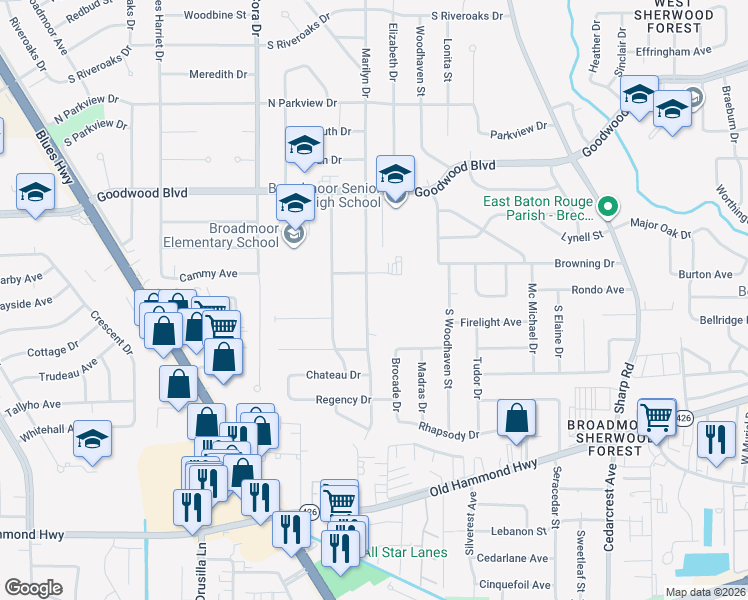 map of restaurants, bars, coffee shops, grocery stores, and more near 1456 Marilyn Drive in Baton Rouge