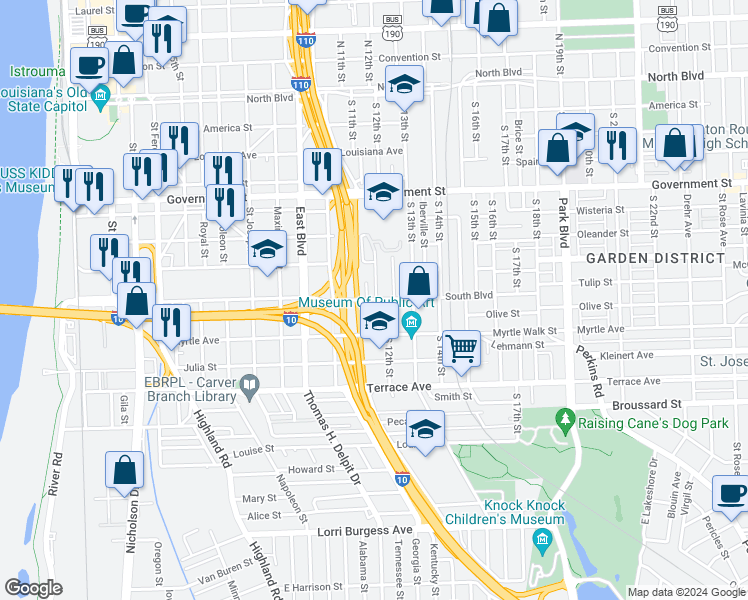 map of restaurants, bars, coffee shops, grocery stores, and more near 1128 South Street in Baton Rouge