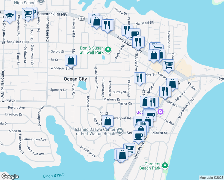 map of restaurants, bars, coffee shops, grocery stores, and more near 509 Trenton Street in Fort Walton Beach