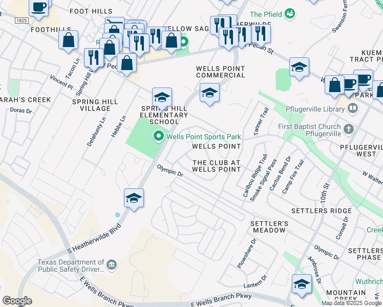 map of restaurants, bars, coffee shops, grocery stores, and more near 811 Champions Point Drive in Pflugerville