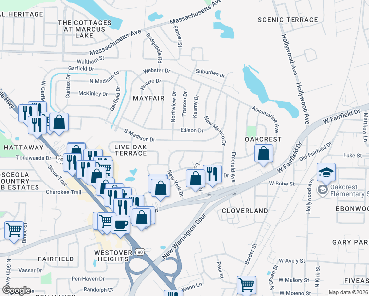 map of restaurants, bars, coffee shops, grocery stores, and more near 511 New York Drive in Pensacola