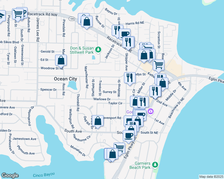 map of restaurants, bars, coffee shops, grocery stores, and more near 514 Surrey Street in Fort Walton Beach