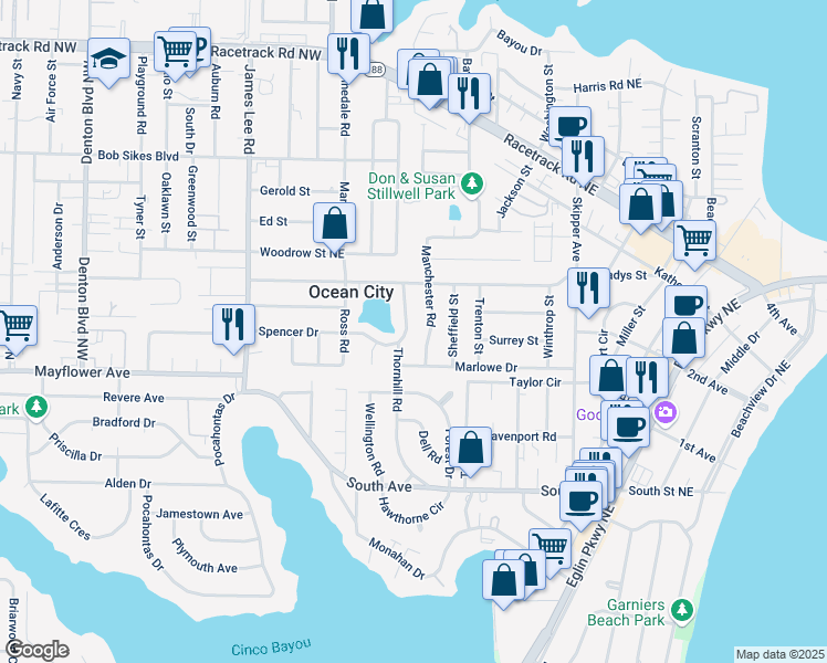 map of restaurants, bars, coffee shops, grocery stores, and more near 505 Thornhill Road in Fort Walton Beach