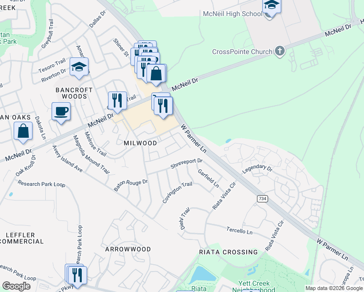map of restaurants, bars, coffee shops, grocery stores, and more near 5904 Kevin Kelly Place in Austin