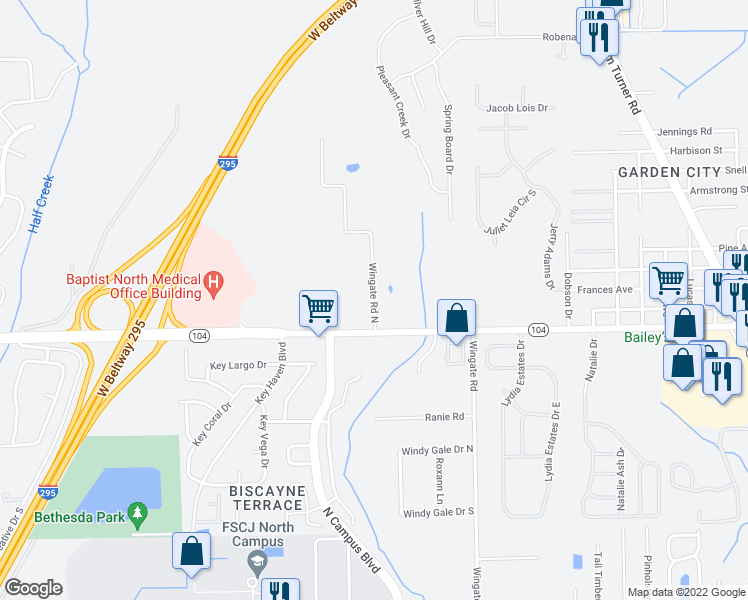 map of restaurants, bars, coffee shops, grocery stores, and more near 11240 Wingate Rd N in Jacksonville