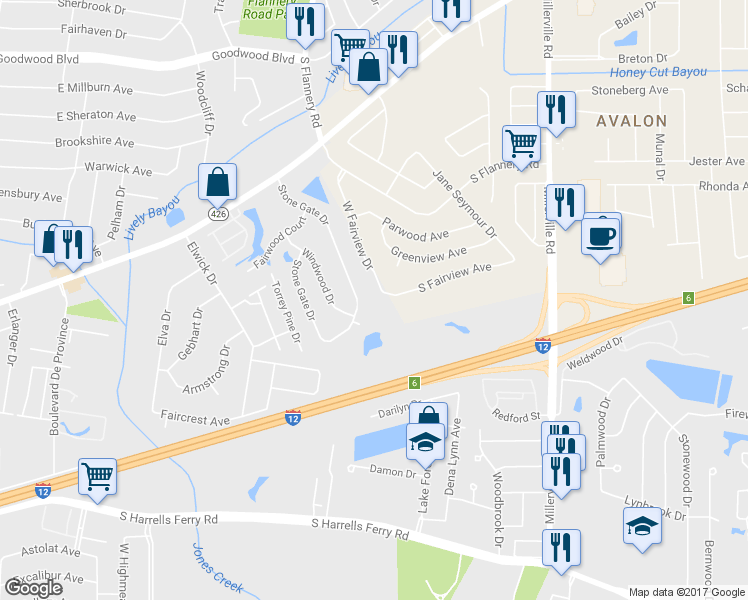 map of restaurants, bars, coffee shops, grocery stores, and more near 1840 West Fairview Drive in Baton Rouge