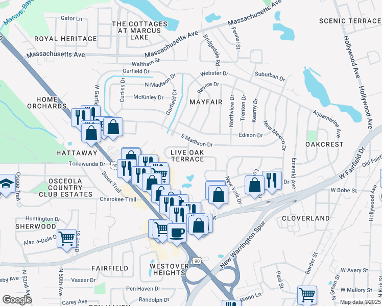 map of restaurants, bars, coffee shops, grocery stores, and more near 27 Saint Regis Drive in Pensacola