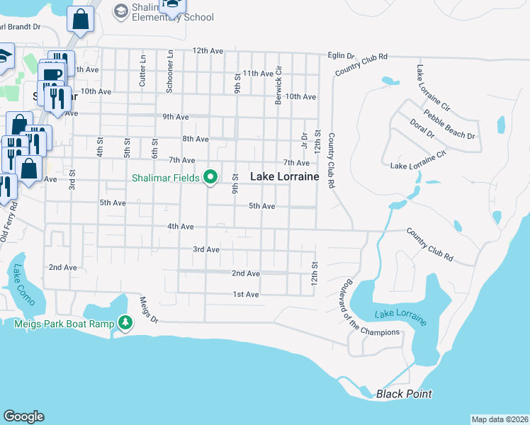 map of restaurants, bars, coffee shops, grocery stores, and more near 30a 10th Street in Shalimar