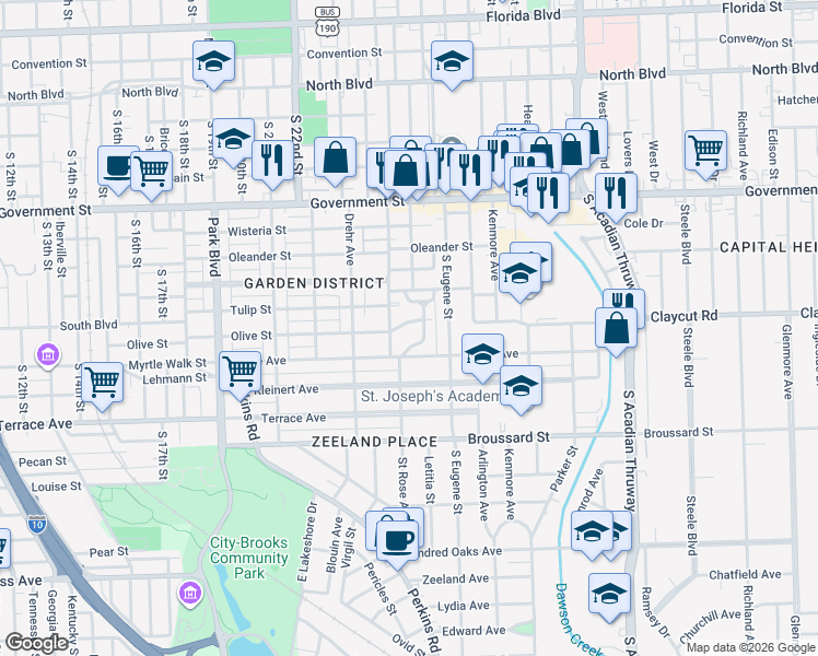 map of restaurants, bars, coffee shops, grocery stores, and more near 1004 Rittiner Drive in Baton Rouge