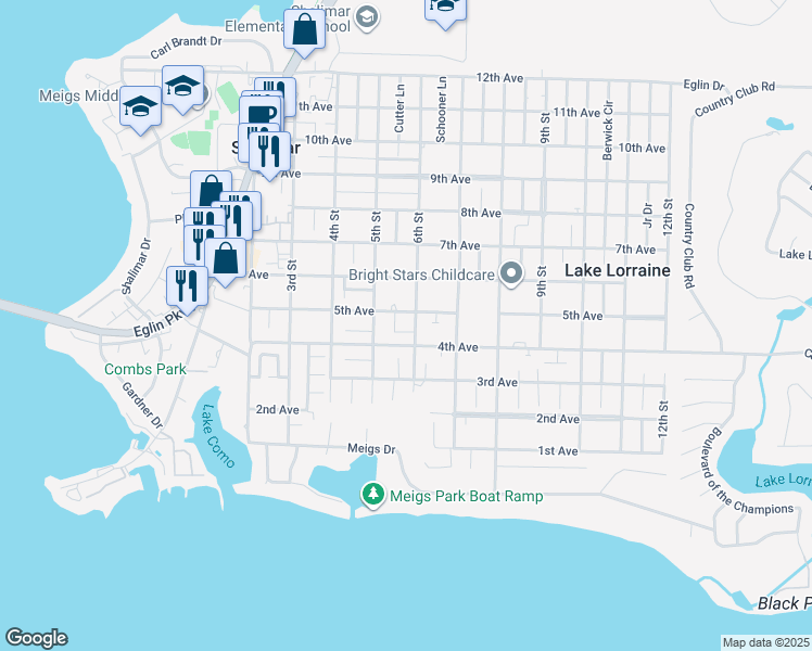 map of restaurants, bars, coffee shops, grocery stores, and more near 50 5th Avenue in Shalimar