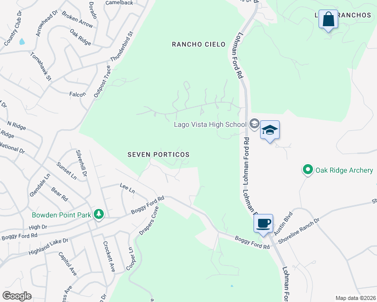 map of restaurants, bars, coffee shops, grocery stores, and more near 20008 Victoria Chase in Lago Vista
