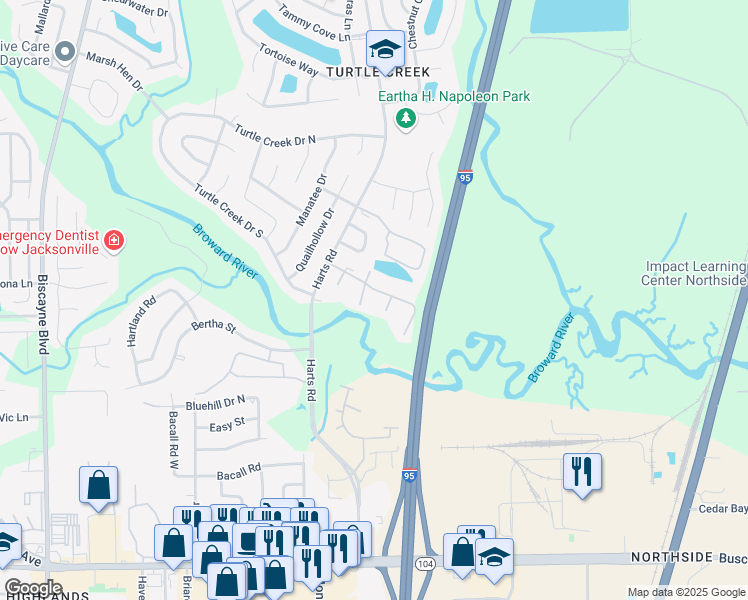 map of restaurants, bars, coffee shops, grocery stores, and more near 11291 Harts Road in Jacksonville