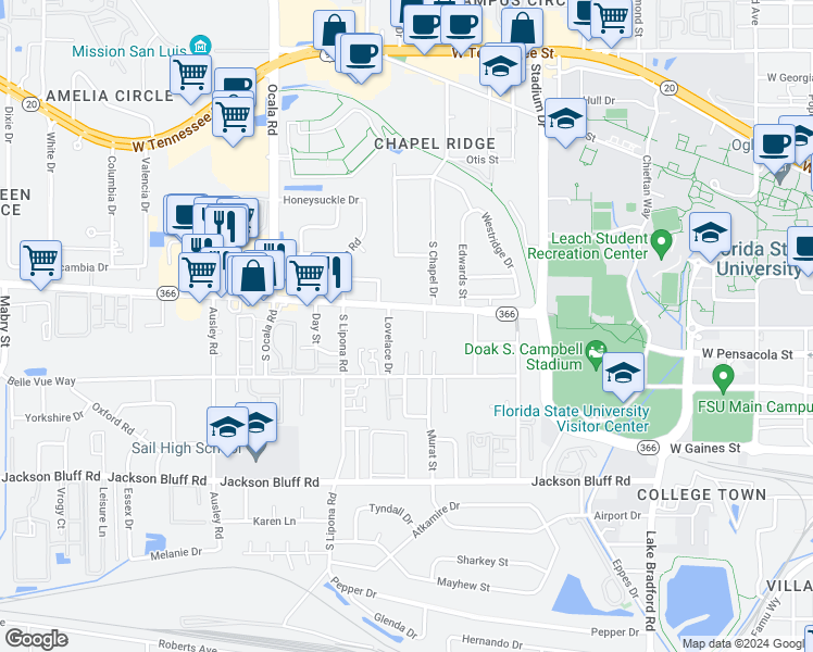 map of restaurants, bars, coffee shops, grocery stores, and more near 1819 West Pensacola Street in Tallahassee