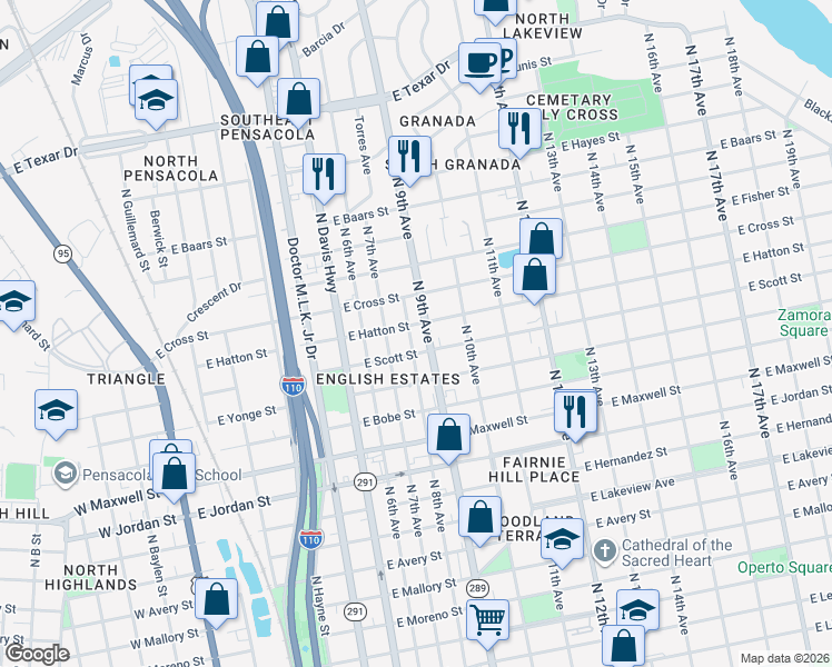 map of restaurants, bars, coffee shops, grocery stores, and more near 2503 North 8th Avenue in Pensacola