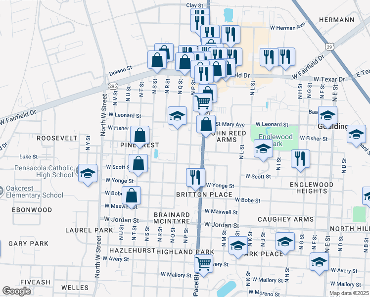 map of restaurants, bars, coffee shops, grocery stores, and more near 2525 North P Street in Pensacola