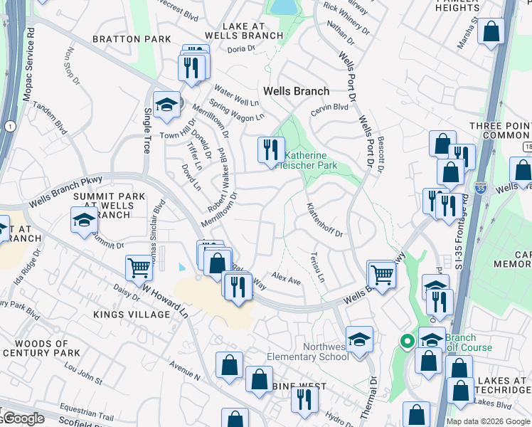 map of restaurants, bars, coffee shops, grocery stores, and more near 2121 Surrender Avenue in Austin