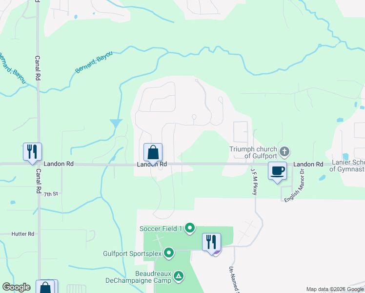 map of restaurants, bars, coffee shops, grocery stores, and more near 17072 Landon Road in Gulfport