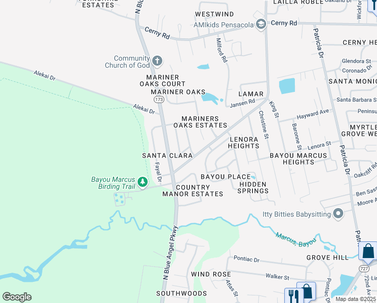 map of restaurants, bars, coffee shops, grocery stores, and more near 7801 Saltillo Street in Pensacola