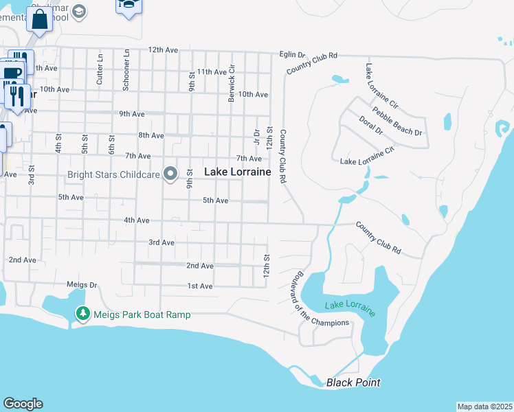 map of restaurants, bars, coffee shops, grocery stores, and more near 145 4th Street in Niceville