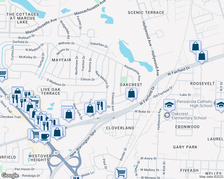 map of restaurants, bars, coffee shops, grocery stores, and more near 207 Emerald Avenue in Pensacola