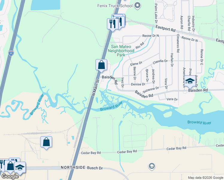 map of restaurants, bars, coffee shops, grocery stores, and more near 162 Baisden Road in Jacksonville