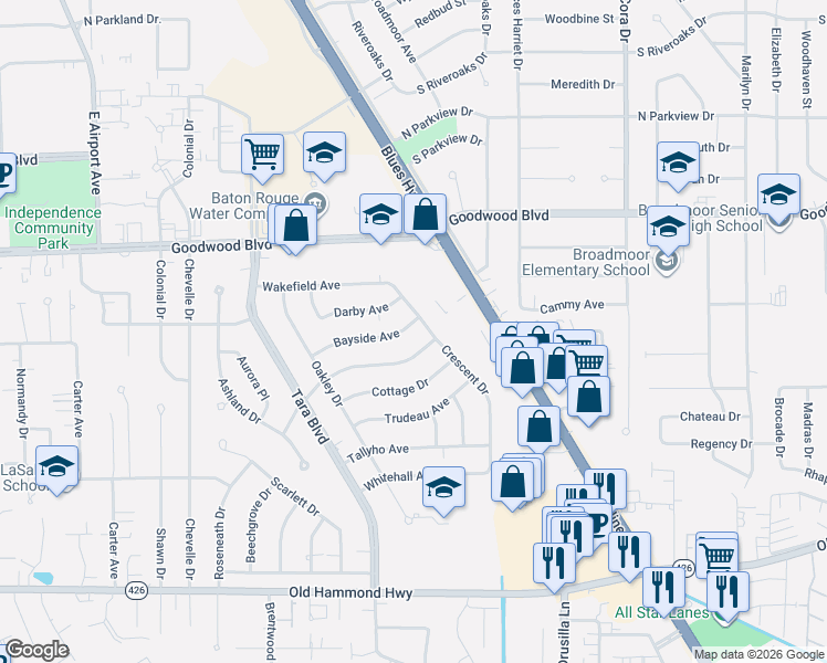 map of restaurants, bars, coffee shops, grocery stores, and more near 8934 Bayside Avenue in Baton Rouge