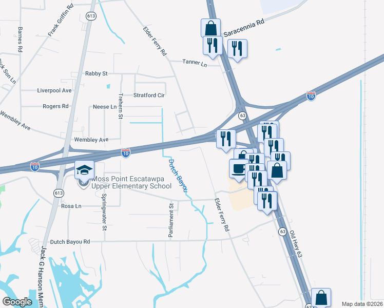 map of restaurants, bars, coffee shops, grocery stores, and more near 6705 Elder Ferry Rd in Pascagoula