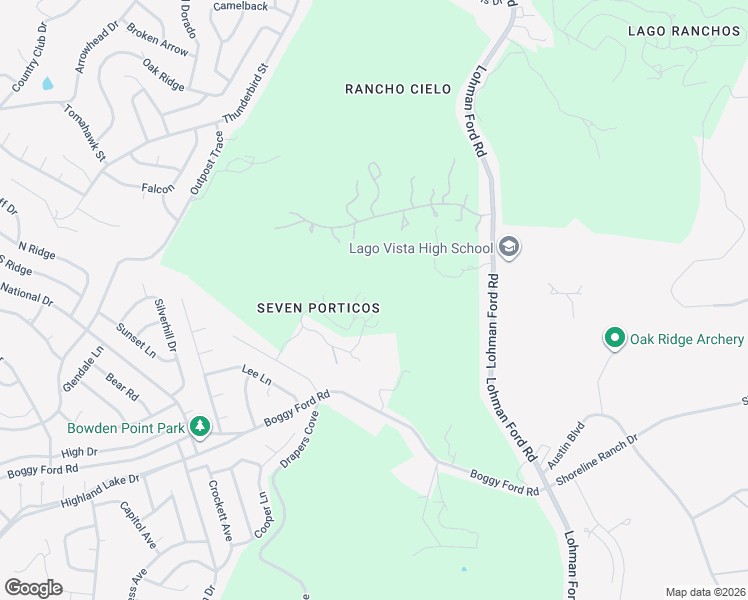 map of restaurants, bars, coffee shops, grocery stores, and more near 20008 Victoria Chase in Lago Vista