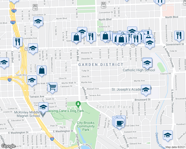 map of restaurants, bars, coffee shops, grocery stores, and more near 939 Camelia Avenue in Baton Rouge