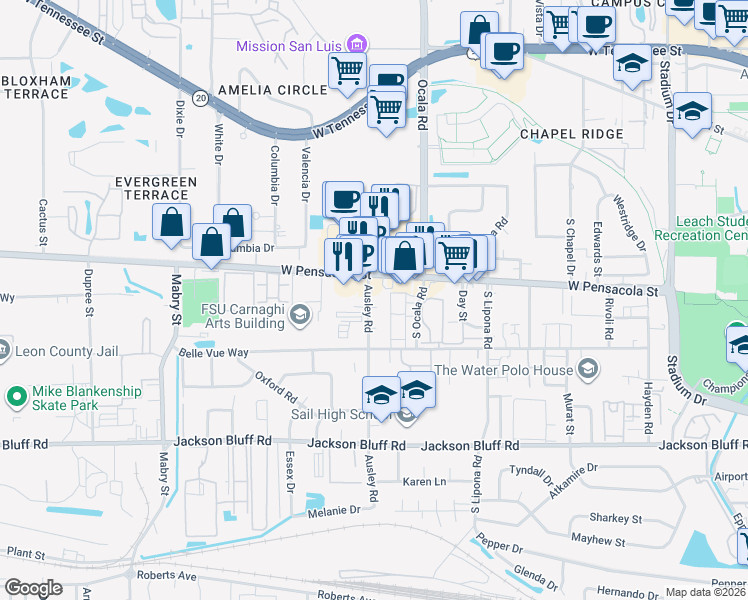 map of restaurants, bars, coffee shops, grocery stores, and more near 2034 Harold Court in Tallahassee