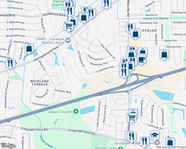 map of restaurants, bars, coffee shops, grocery stores, and more near 13360 South Fairview Avenue in Baton Rouge