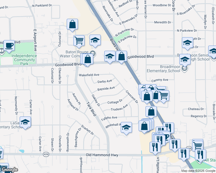 map of restaurants, bars, coffee shops, grocery stores, and more near 8832 Bayside Avenue in Baton Rouge