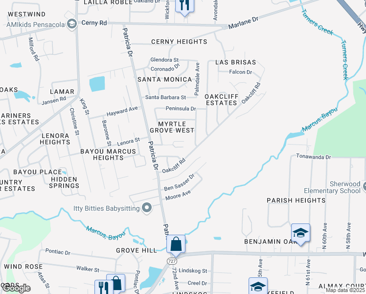 map of restaurants, bars, coffee shops, grocery stores, and more near 7135 Pearson Road in Pensacola