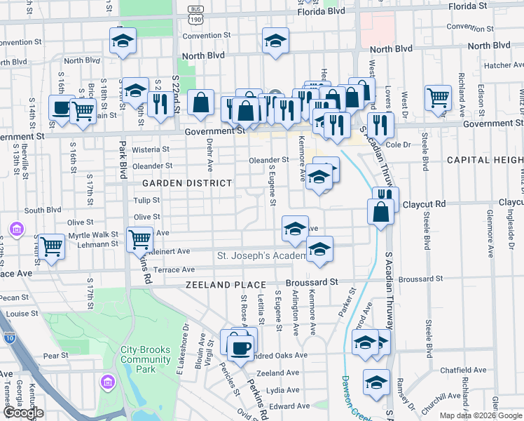 map of restaurants, bars, coffee shops, grocery stores, and more near 927 Rittiner Drive in Baton Rouge