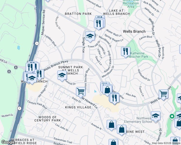 map of restaurants, bars, coffee shops, grocery stores, and more near 2323 Wells Branch Parkway in Austin