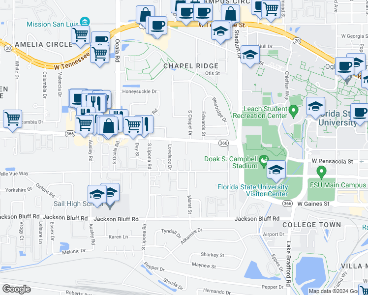 map of restaurants, bars, coffee shops, grocery stores, and more near 210 Atkinson Drive in Tallahassee