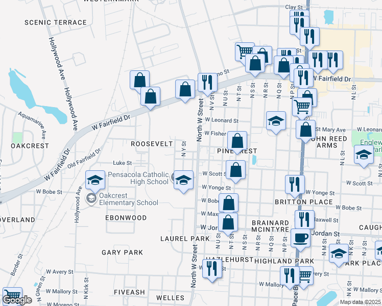map of restaurants, bars, coffee shops, grocery stores, and more near 2917 West Cross Street in Pensacola