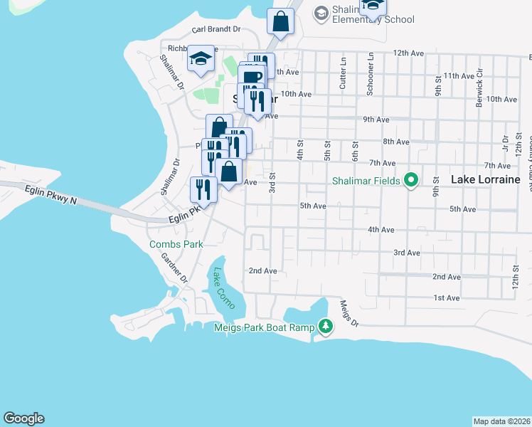 map of restaurants, bars, coffee shops, grocery stores, and more near 33 3rd Street in Shalimar