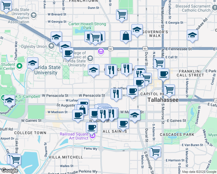 map of restaurants, bars, coffee shops, grocery stores, and more near in Tallahassee