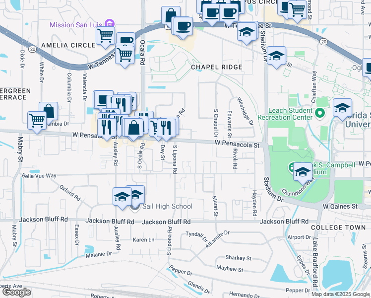 map of restaurants, bars, coffee shops, grocery stores, and more near 1861 West Pensacola Street in Tallahassee
