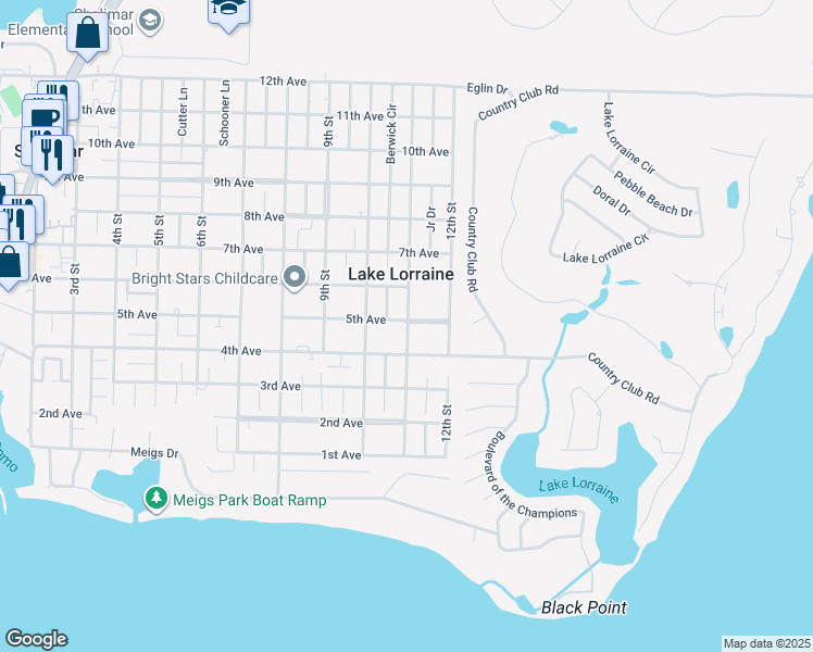 map of restaurants, bars, coffee shops, grocery stores, and more near 26 11th Street in Shalimar