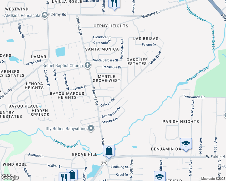 map of restaurants, bars, coffee shops, grocery stores, and more near 7140 Windsor Oak Drive in Pensacola