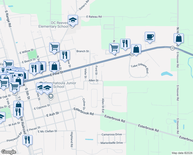 map of restaurants, bars, coffee shops, grocery stores, and more near 190 Ford Street in Ponchatoula