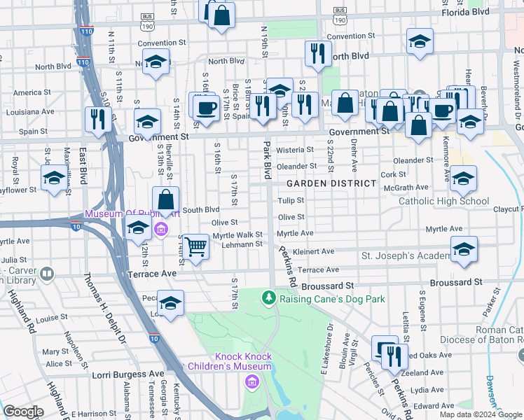 map of restaurants, bars, coffee shops, grocery stores, and more near 1803 Olive Street in Baton Rouge