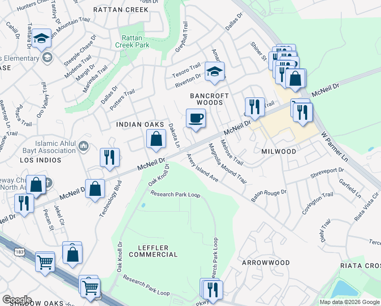 map of restaurants, bars, coffee shops, grocery stores, and more near 6406 Avery Island Avenue in Austin