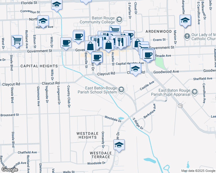 map of restaurants, bars, coffee shops, grocery stores, and more near 950 South Foster Drive in Baton Rouge