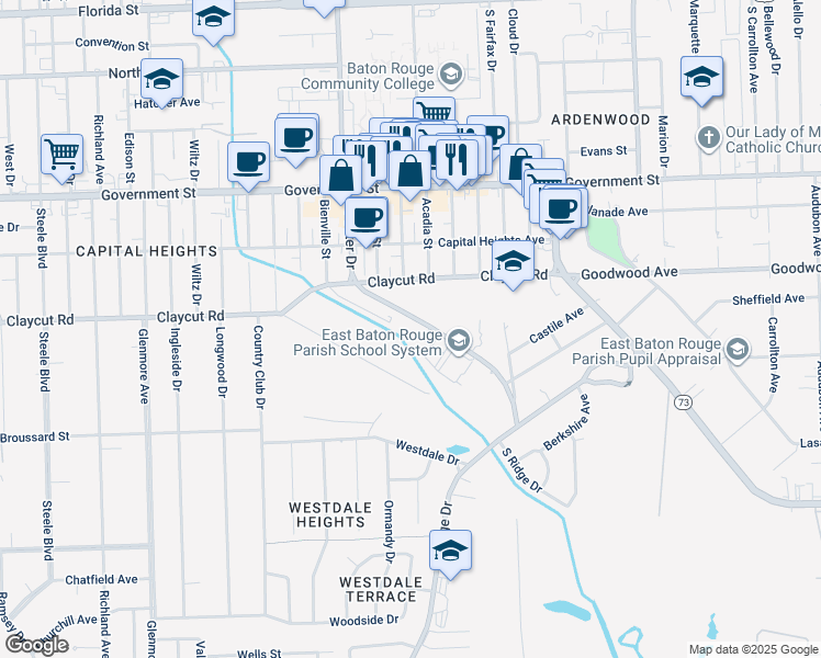 map of restaurants, bars, coffee shops, grocery stores, and more near 950 South Foster Drive in Baton Rouge