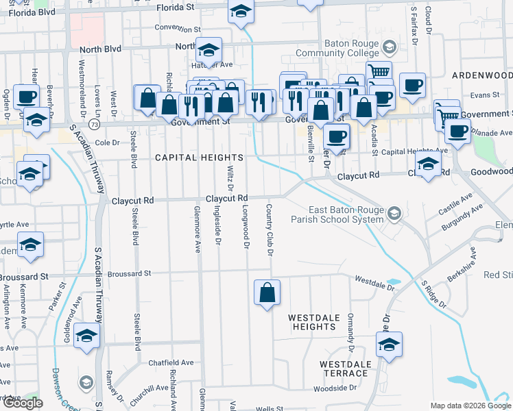map of restaurants, bars, coffee shops, grocery stores, and more near 4528 Claycut Road in Baton Rouge