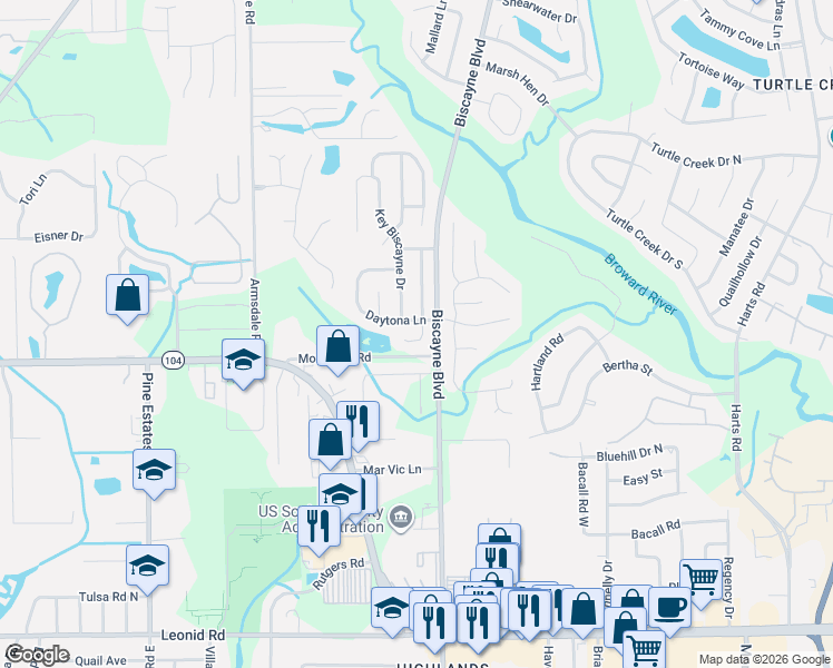 map of restaurants, bars, coffee shops, grocery stores, and more near 11431 Sarasota Lane in Jacksonville